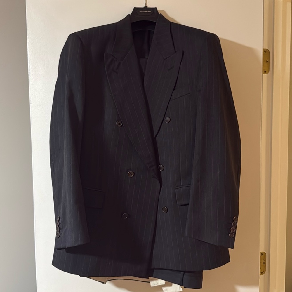 Italian wool men’s suit charcoal gray with tan pinstripe